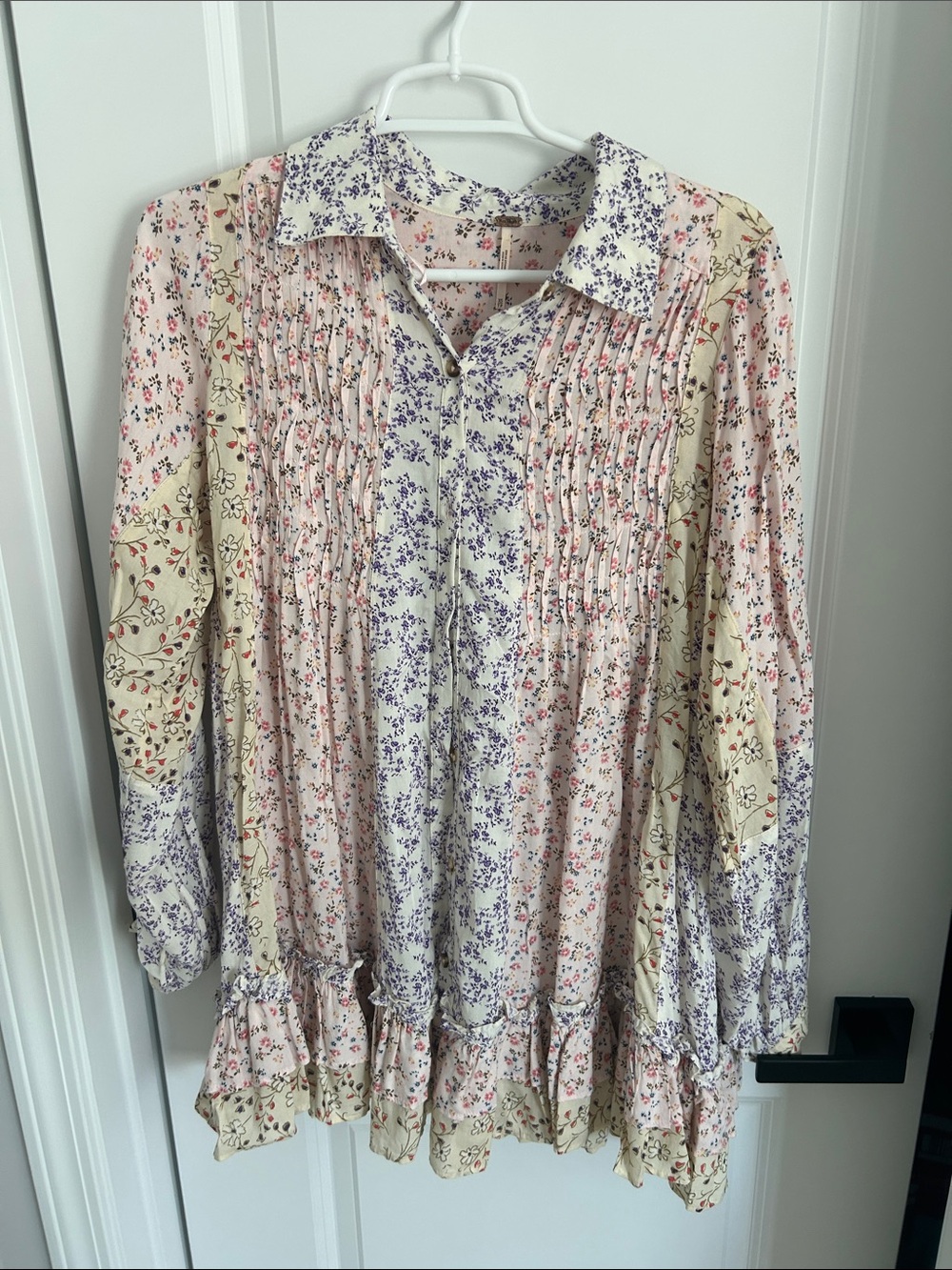 Free People Floral Patchwork Pintuck Tunic - Pink, Cream & Purple